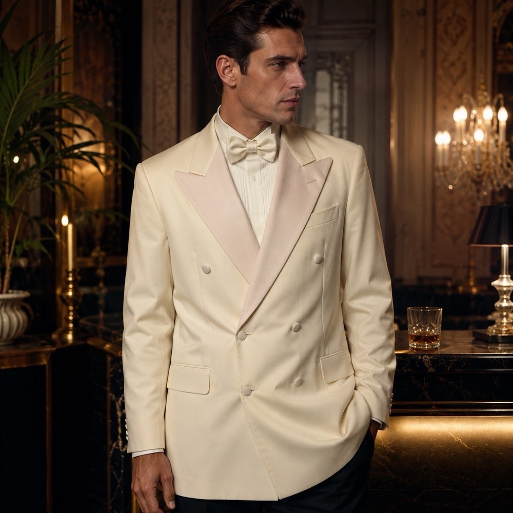 VTG Hickey Freeman Ivory Double Breasted Dinner Tuxedo Jacket 47XL‎ Blush Lapel